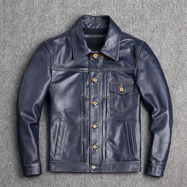 Cuero de los hombres Cuero de imitación Vintage Azul Hombres Chaqueta de cuero Cuero de vaca genuino Abrigo corto Solapa delgada Ropa de trabajo Chaquetas de piel de becerro natural 230907