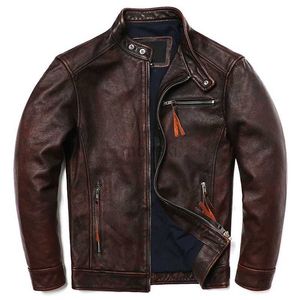 Heren leer kunstleer gratis verzending vintage bruine stijl lederen jas heren 100% natuurlijke koeienhuid mode kleding motocyle biker slanke jas 240330