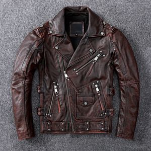 Cuir pour hommes Faux cuir Vintage marron moto veste en cuir hommes naturel véritable peau de vache vestes automne Slim Fit Biker Ooblique fermeture éclair manteau 230825