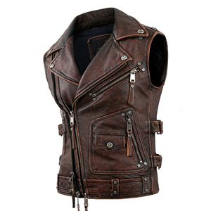 Cuir pour hommes Faux cuir Vintage marron gilets de moto hommes peau de vache naturelle veste en cuir véritable sans manches gilet d'équitation pour hommes vestes de motard 230208