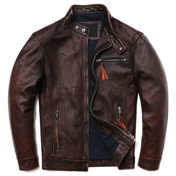 Cuir pour hommes Faux cuir livraison gratuite Vintage marron Style veste en cuir véritable hommes 100% peau de vache naturelle vêtements de mode moto Biker veste mince 240330
