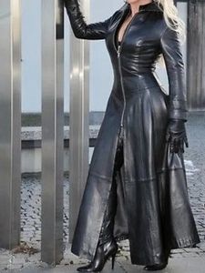 Hommes en cuir simili cuir hiver mode féminine Cyberpunk cuir veste longue décontracté bouton ample couleur unie manteaux revers Biker veste grande taille 231010