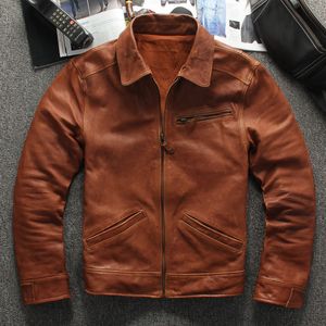 Leerleer Faux lichtbruine Amerikaanse casual stijl echte jas mannen plus maat 4xl echte natuurlijke schapenvacht herfst slank fit jas 230324