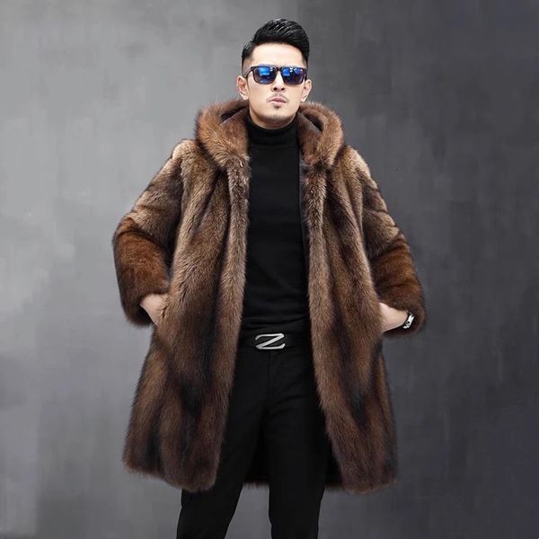 Manteau long en fausse fourrure pour homme, veste d'hiver chaude à capuche en vison, coupe-vent ample et décontracté, 231016