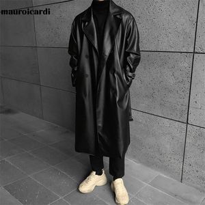 Hommes en cuir Faux Mauroicardi printemps automne Long noir surdimensionné Trench manteau hommes goutte épaule ceinture manteaux pour l231031