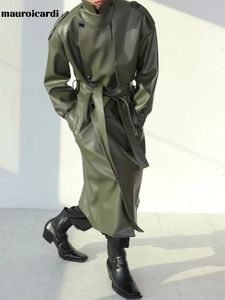Cuir pour hommes Faux Mauroicardi Printemps Automne Long Surdimensionné ArmyGreen Noir Trench Coat Hommes Ceintures Lâche Luxe Designer Vêtements 231012