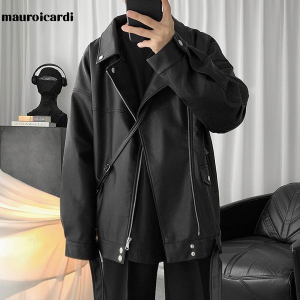 Hommes en cuir Faux Mauroicardi printemps noir surdimensionné Biker veste décontracté lâche mode coréenne vestes en cuir pour marque 221122