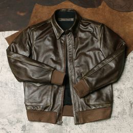 Chaqueta A2 de piel de vaca con núcleo de té verde militar de calidad para hombre, chaqueta bomber clásica de cuero genuino, estilo vintage 230324