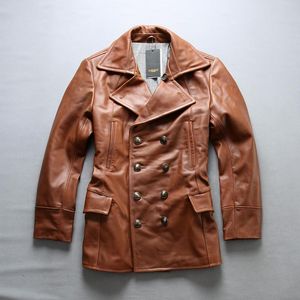 Lederen faux mannenstijlvolle jas 2023 Echte jas met dubbele borsten bruine kleur slanke fit jasers
