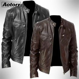 Chaqueta de moda para hombre de cuero para hombres Slim Fit Stand Collar PU Masculino Anti-viento Motocicleta Solapa Diagonal Cremallera S Hombres 5XL 220913