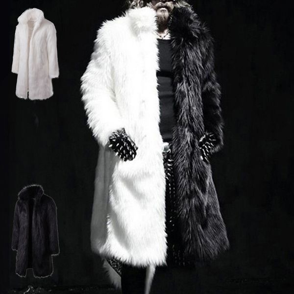 Мужская кожаная искусственная мужская модная зимняя шуба в стиле панк-рок с капюшоном, длинная куртка, черно-белое лоскутное пальто, мужской кардиган 221122