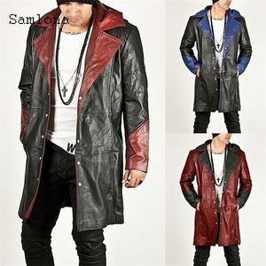 Herenleer Faux Heren PU Jacket Hoodies Herfst Pachwork Color Lange Jassen enkele borsten Lagen Men Men Kleding Outerwear 220924