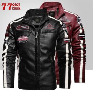 Herenleer Faux Motorfietsjack Autumn Casual Patchwork Vintage Overcoat Biker PU Embroidery Bomber Zipper Fleece Jackets Man 220924