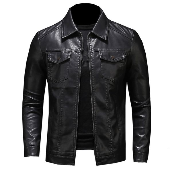 Veste de moto en simili cuir pour hommes grande taille poche noire fermeture éclair revers coupe ajustée mâle printemps et automne haute qualité Pu manteau M 5Xl 230922