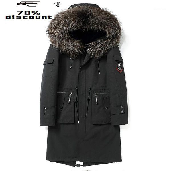 Parka de piel sintética para hombre, abrigo de piel auténtica, chaqueta larga de invierno, Parkas cálidas con forro Natural, cuello de mapache con capucha Z8825 KJ2598