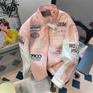 Leerleer Faux Pink Motorcycle Jacket Unisex High Street Hip Hop Letter Borduurwerk vrouwen bommenwerper Amerikaans honkbaluniform JGBLUI 231020