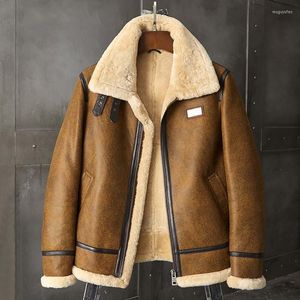 Abrigo de piel de oveja sintética para hombre, chaqueta Bomber B3 para hombre, abrigos de invierno de piel corta marrón, piel de oveja Natural