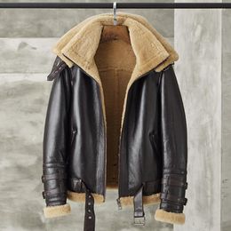 Herenleer Faux Shearling Jacket Heren B3 Bomber Korte Winter Coats Fur Vintage Dark Brown