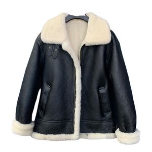 Lederen lederen faux schapenvacht bont heren shearling jas zwart wit echt jas mannelijke winter vliegende motorfiets winddichte warme wol overjas