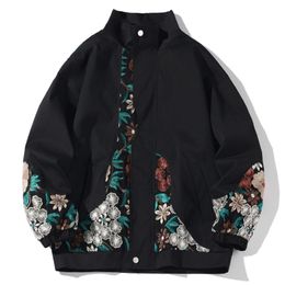 Chaqueta con bordado de flores de primavera de imitación de cuero para hombres Hombres Abrigos holgados de gran tamaño Moda Harajuku Street Zip Up Windbreaker Ropa Tops Hombre Tallas grandes 221122