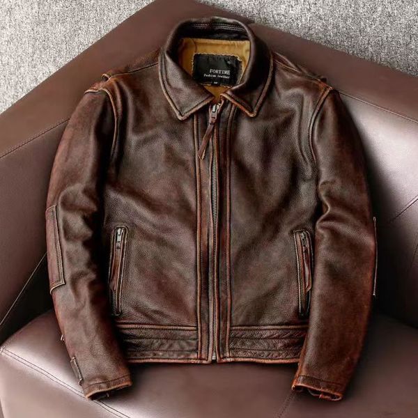 Veste en cuir véritable pour hommes, taille asiatique, Vintage, marron, manteau en peau de vache, Slim, mode motard, taille asiatique, vente en usine