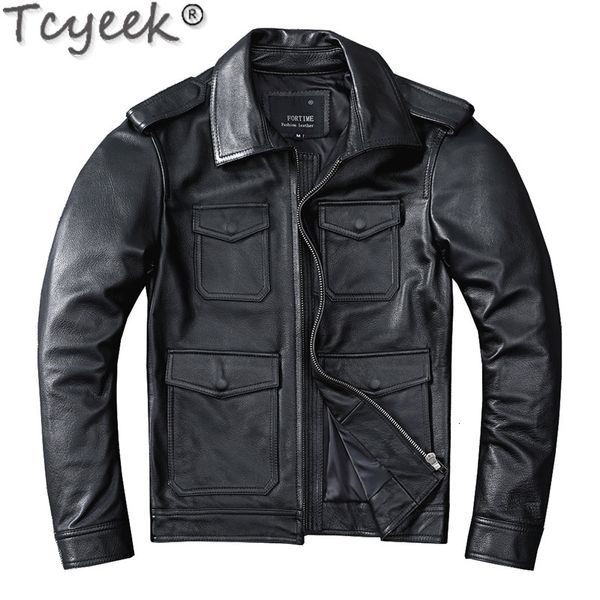 Chaqueta genuina negra Tcyeek de cuero para hombres Ropa para hombres Safaried Primavera Otoño Chaquetas de motocicleta Abrigo de piel de vaca natural de moda delgada para hombre 230831