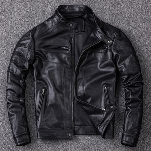 Veste en peau de mouton tannée végétale en cuir pour hommes vestes de motard de moto mince col montant court manteau de vêtements authentiques 231031