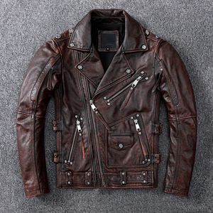 Heren lederen faux vintage bruine motorjas heren natuurlijke echte koeienhuid jassen herfst slim fit biker's Ooblique rits jas 231123