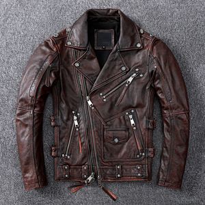 Chaqueta de cuero marrón Vintage de imitación para hombre, chaquetas de piel de vaca genuina Natural para hombre, abrigo con cremallera oblicua para motorista entallado de otoño 230217