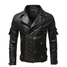 Veste en cuir pour hommes, Faux Vintage Ghost Rider moto multi-zip, Parka à revers en Pu, grande taille Fat Singer Show Man 230925