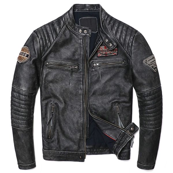 Hommes cuir Faux Vintage gris moto véritable veste Biker naturel peau de vache vestes homme mince Cool vêtements manteau 230831