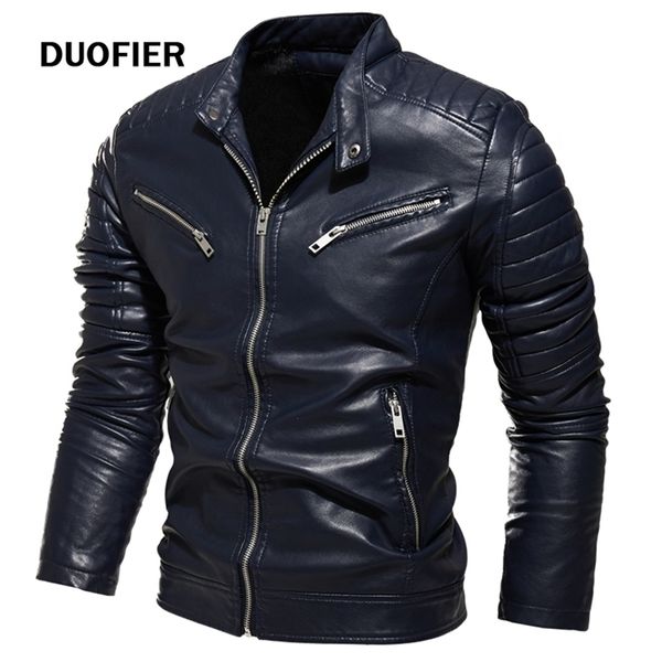 Chaqueta negra de invierno de imitación de cuero para hombre, abrigo de motorista negro con forro de piel cálido para motocicleta, abrigo de motorista negro con diseño plisado y cremallera 221007