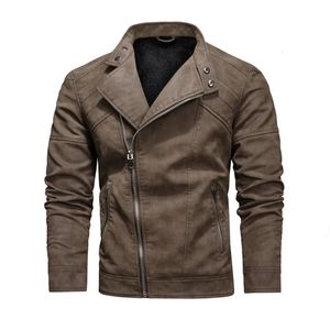 Men s Leather Faux Winter Fleece Warm Motorcycle Jacket Trendy Diagonal Zipper Slim Fit Overcoat Coat Military 231120