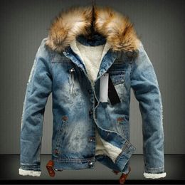 Veste en jean et manteau en similicuir pour homme, avec col en fourrure, rétro, déchiré, en polaire, pour l'automne, S-6XL, 231016