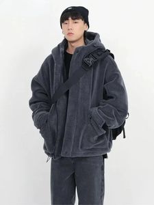 Hommes en cuir faux hiver épais chaud surdimensionné gris foncé Sherpa veste hommes avec capuche zippée moelleux lâche décontracté manteau de fourrure d'agneau 2023 231012