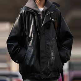 Chaqueta de cuero sintético Y2K Street Vintage para hombre, abrigo informal holgado y versátil con cuello levantado, otoño e invierno, 231206