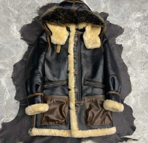 Heren lederen faux YRWinter Classic B7-stijl echt bontjasdikke wollen schapenvachtjasLange shearling wearthick warme doek plus 230927