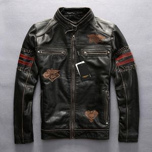 Veste en cuir véritable pour hommes Vintage noir épais peau de vache Slim Fit moto motard broderie manteau printemps grande taille