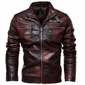 Leren herenjack Winterfleece voor heren Opstaande kraag Biker Casual winddicht Slim Fit jack Fleece leren jack b5qD#