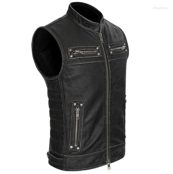 Hommes cuir hommes véritable col montant moto motard gilet gilet véritable peau de vache Vintage fermeture éclair poches sans manches vestes