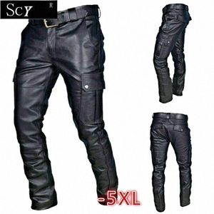 Pantalon de moto en cuir pour hommes avec poches cargo, noir, pantalon de moto en cuir sans ceinture M5qa #