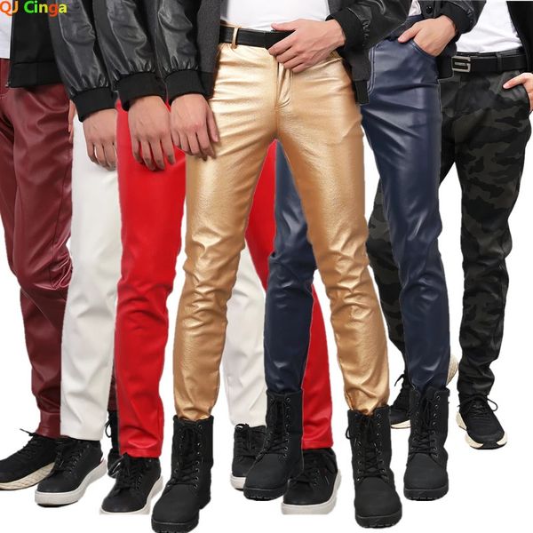 Pantalon en cuir masculin Fashion Slim Pu pantalon rouge bleu noir gris gris blanc pantalones hombre 231229