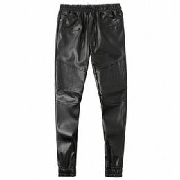 Heren leren broek Superieure kwaliteit elastische taille joggerbroek PU lederen broek Bikerbroek Waterdicht h5mY #