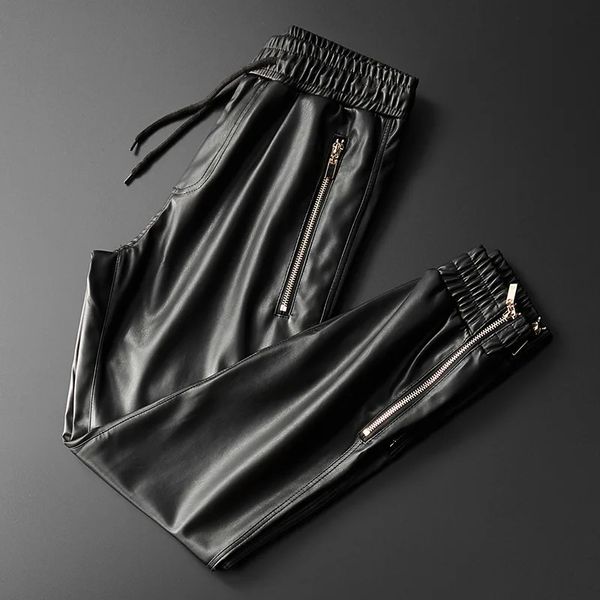 Pantalon en cuir pour hommes, qualité supérieure, taille élastique, pantalon de jogging en cuir PU, pantalon de moto, pantalon de motard, 240117