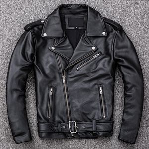 Men's Leather Spring Classical Motorcycle Oblique Zipper Jackets Men Jacket Natural Calf Skin Thick Slim Cowhide Moto Biker Man