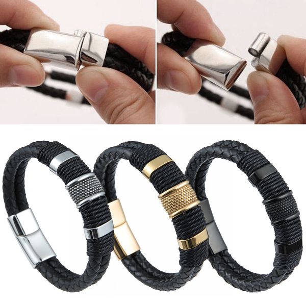 Bracelet à breloques en acier inoxydable en cuir pour homme Corde tissée Multicouche tressée Design classique à double couche Punk Fermoir magnétique Bracelet Bracelet 7,5