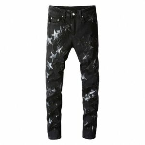Jeans en cuir pour hommes avec patchs d'étoiles, pantalon crayon en denim extensible noir, slim, slim, patchwork, v0lL #