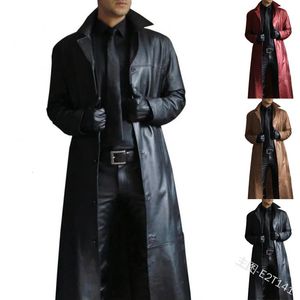 Leren trenchcoat voor heren, vintage Britse stijl, windjack, knappe effen kleur, slim-fit overjas, lange jas, maat S-5XL 231228