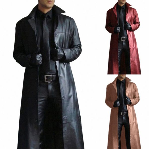 Trench-Coat en cuir pour hommes Vintage style britannique coupe-vent beau couleur unie Slim-Fit pardessus LG veste Plussize vêtements d'extérieur E6t4 #
