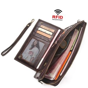 Pochette en cuir pour hommes, tendance, multifonctionnelle, RFID, antivol, brosse, porte-carte, porte-monnaie d'affaires, portefeuilles imperméables et durables